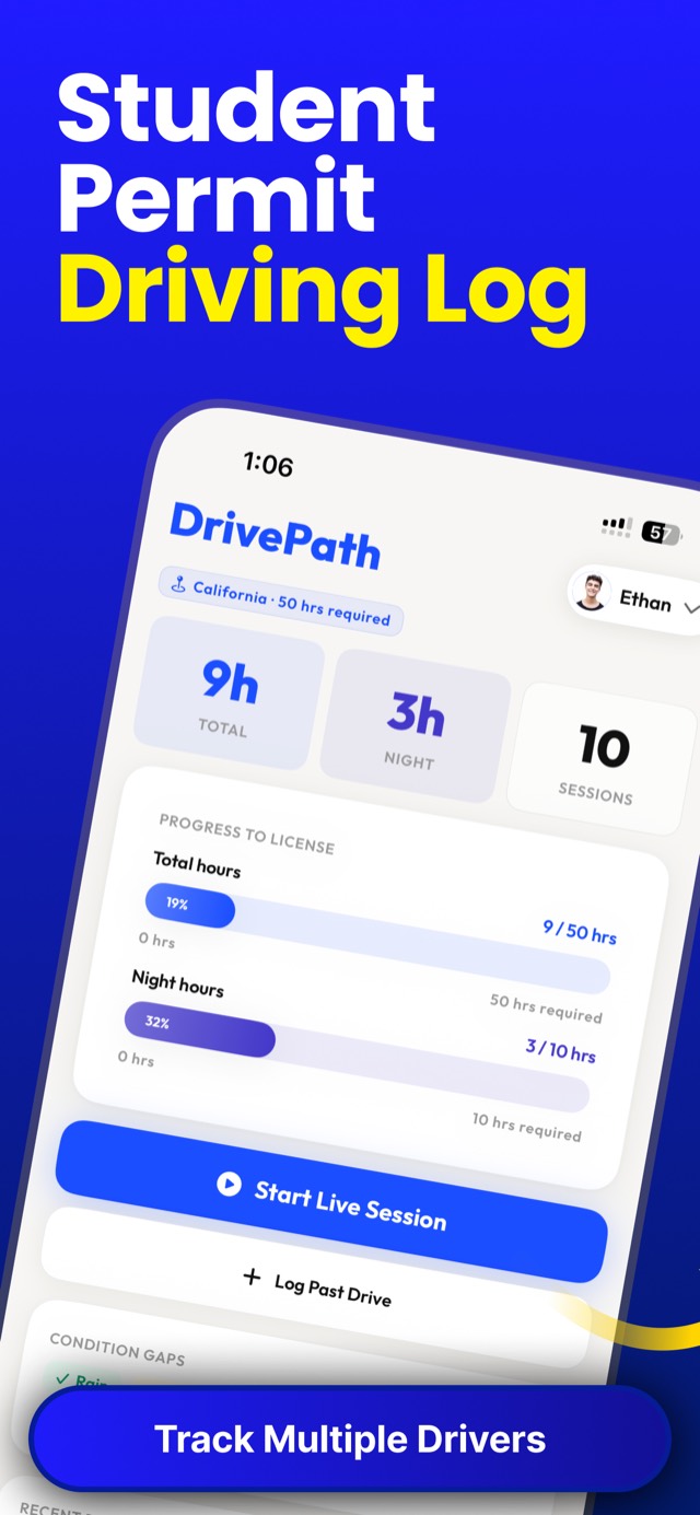 DrivePath teen driving log app dashboard showing permit hours progress toward California's 50-hour requirement