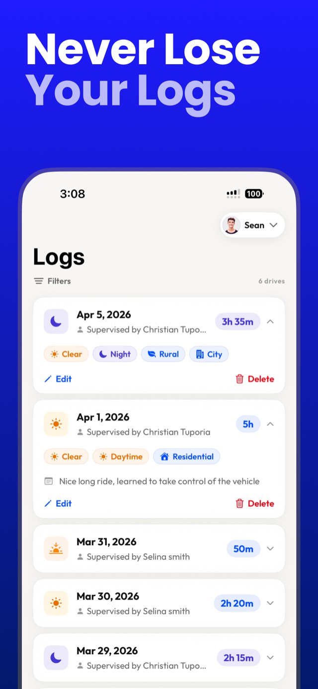 Saved driving log entries with supervisor, duration, and conditions