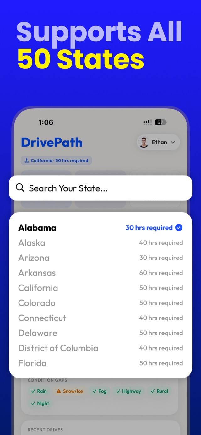 State picker showing required supervised driving hours for all 50 states