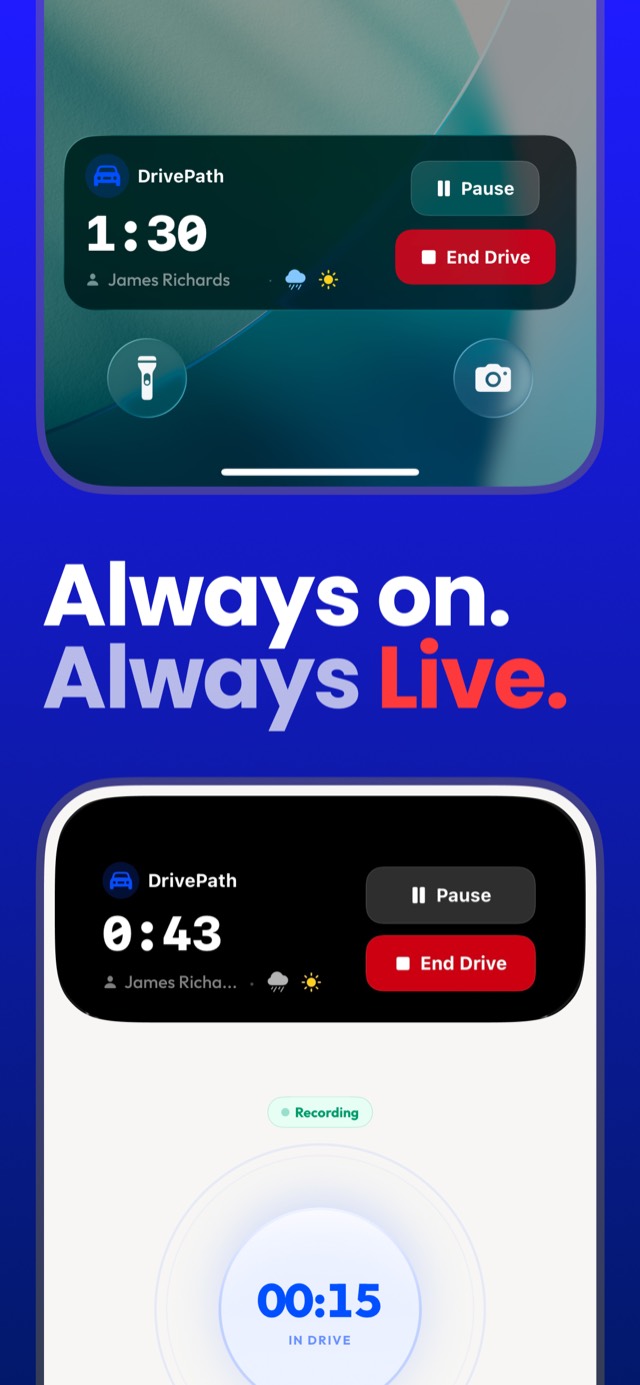 Live driving session timer on the iPhone lock screen with pause and end controls