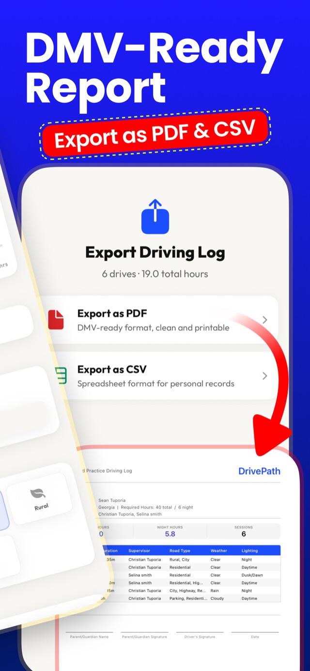 DMV-ready driving log report exported as PDF and CSV
